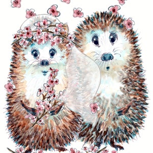 3177 Carte du jour du MARIAGE gallois Priodas Hapus, Joyeux mariage en gallois. Un couple de hérissons avec des fleurs de cerisier. Peut être personnalisé