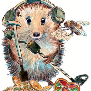 3557 Cartão de feliz aniversário Detectorists. Nosso ouriço estava caçando tesouros e encontrou moedas de ouro e um coração. Pode ser personalizado