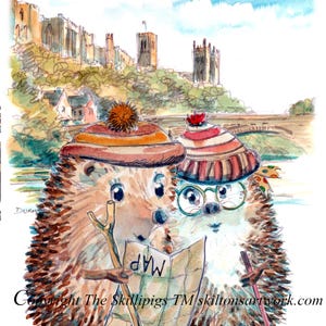 8 DURHAM Alles Gute zum Geburtstagskarte. Durham City Kathedrale und Fluss Wear Brücke. Igel Paar, laufend. Kann wie abgebildet personalisiert werden.