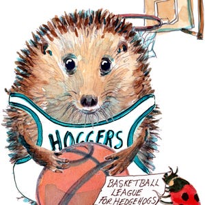 4130 Basketball Geburtstagskarte sportliches Ballspiel Igel Team Player mit seinem Ballreifen und Weste. Kann personalisiert werden.