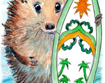 5483 Surfer greeting or birthday card hedgehog with his board on the beach Can be personalised as shown UK postage options at checkout