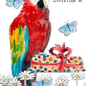 3425 HAPPY BIRTHDAY-kaart, kleurrijke vogelpapegaai, papagei, papegaai, Loro, ara met cadeau, bloemen. Kan worden gepersonaliseerd