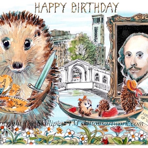 4330 Kupiec wenecki Kartka urodzinowa z jeżami, gondolą i złotem Sztuka Stratford Shakespeare Możliwość personalizacji
