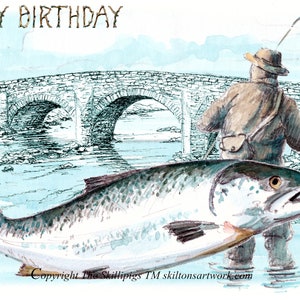 3163 Fliegenfischen Geburtstagskarte HAPPY BIRTHDAY. Lachsfliegenfischer Angelfluss mit Brücke,schottisch oder irisch ?Angler Kann personalisiert werden