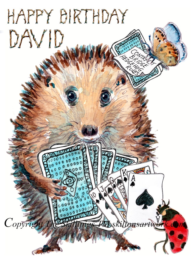 May include: Watercolor birthday card featuring a hedgehog holding playing cards. The card reads "HAPPY BIRTHDAY DAVID" in brown lettering. A butterfly and ladybug are also present. The card has a whimsical, artistic style.