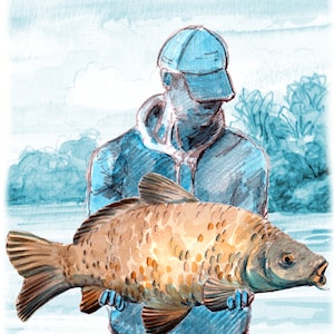 3655 Cartão de FELIZ ANIVERSÁRIO de pesca Pesca esportiva de fundo. pescador pescador segurando uma carpa em pé perto de um rio ou lago. Pode ser personalizado.
