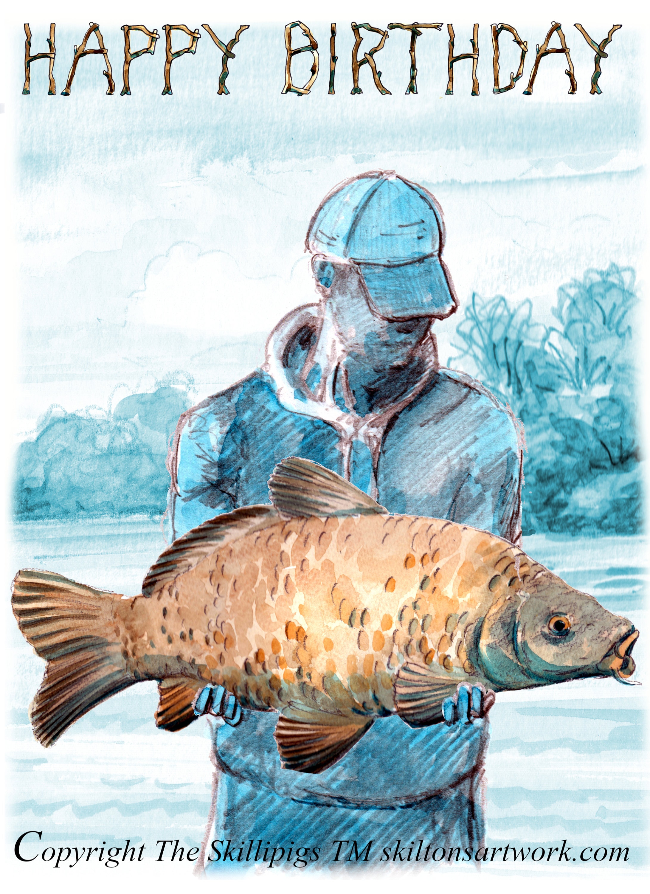 3655 Fishing HAPPY BIRTHDAY Card Coarse Fishing Sport. Fisherman Angler Holding a Carp Standing by a River or Lake. Can Be Personalised. Etsy