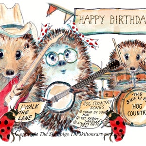 2459 carte de JOYEUX ANNIVERSAIRE, chapeau de cow-boy groupe ou groupe de musique country et western avec guitares, banjo et batterie. Peut être personnalisé