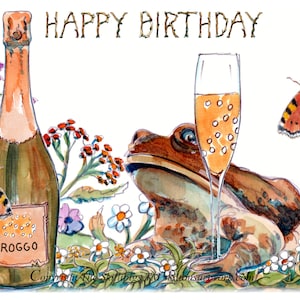 3645 Tarjeta de cumpleaños con forma de rana. Rana con botella de Prosecco y copa. Flores de verano y mariposas de carey. Se puede personalizar.