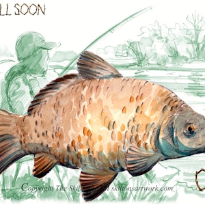 3070 Cartão GET WELL SOON. para um pescador mal-comportado com vara em uma margem de rio Pesca de carpas. Pode ser personalizado para animá-los.