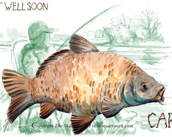 GET WELL SOON card. for a poorly fisherman angler with rod on a river bank Carp fishing. Can be personalised to cheer them up. No. 3070