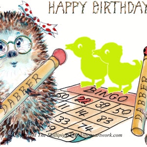 3012 Tarjeta de cumpleaños de jugador de bingo con tema de juego de bingo, erizo con rotulador y dos patitos. Se puede personalizar