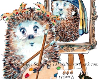 5515 U3A painting birthday card girl with a pearl earing  hedgehog image Can be personalised UK Postage options at checkout