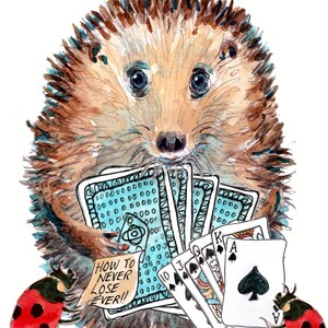 3015 Kartenspieler Alles Gute zum Geburtstag Karte, 'Ich wette, es ist dein Geburtstag', Igel spielt ein Spiel Royal Flush. Kann personalisiert werden