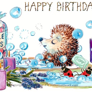 Tarjeta de FELIZ CUMPLEAÑOS 3589 con burbujas de bomba de baño (erizo con bomba de charco) y mariquitas con jabón. Personalizable.
