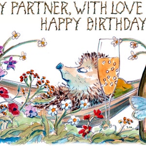 To my Partner with love Geburtstagskarte Hängematte Prosecco. Fähigkeits-Grußkarte No.2500