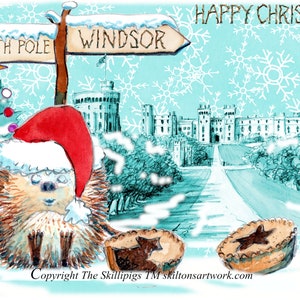 Joyeuse carte de Noël, château de Windsor dans la neige avec hérisson et petits pâtés. Cela peut être personnalisé avec un ou deux noms. N° 7 WINDSOR