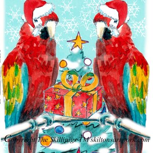 4129 Ara Papageien Weihnachtskarte. Zwei bunte Vögel und ein Weihnachtsbaum im Schnee. Kann personalisiert werden.