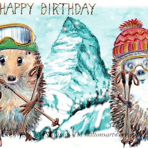 3630 HAPPY BIRTHDAY skiant en couple avec des skis. Sports alpins extrêmes d'hiver, sports d'hiver, montagnes alpines (Apricorne) Peut être personnalisé