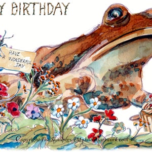 3215 cartão de FELIZ ANIVERSÁRIO de sapo, para um colecionador de sapos. (um sapo com cara de feliz!!!), vela, bolo, borboleta e flores. Pode ser personalizado