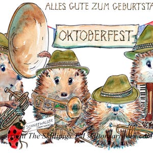4179 Cartão de Feliz Aniversário da banda Oompah OKTOBERFEST Porco-espinho, trombone, trompetista e acordeonista Pode ser personalizado.