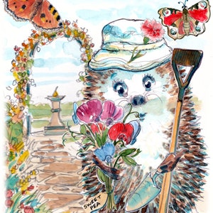 2535 carte de retraite JOYEUSE RETRAITE Jardiner avec une allée de jardin roses pois de senteur Un joli hérisson de jardinage Peut être personnalisé