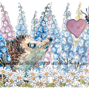 4645 flowers love card Delphiniums hedgehog and butterfly with a heart Can be personalised as shown or a place name
