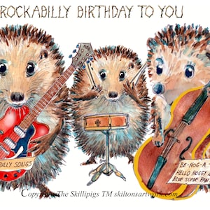 Tarjeta de FELIZ CUMPLEAÑOS 3435 con el grupo musical "Un cumpleaños de Rockabilly para ti". Grupo musical de erizos tocando la guitarra y la batería. Se puede personalizar.