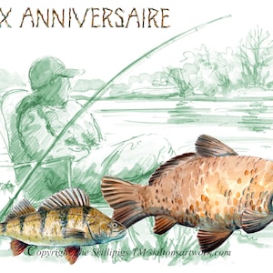 3602 HAPPY BIRTHDAY joyeux anniversaire French language pecheur poisson fishing card angler, fisherman carp perch Can be personalised.