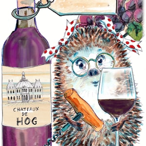 2834 BONNE RETRAITE carte du vin rouge et un hérisson tenant un verre à vin et un tire-bouchon. Peut être personnalisé ou vous pouvez l'écrire vous-même.