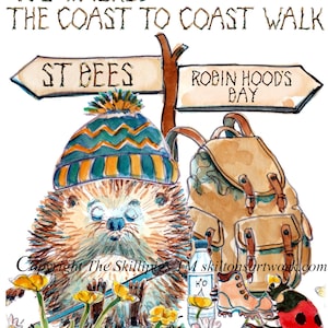 Von Küste zu Küste spazieren Glückwunschkarte St. Bees to Robin Hoods Bay. Igel Wanderrucksack und Wasser. Kann personalisiert werden.
