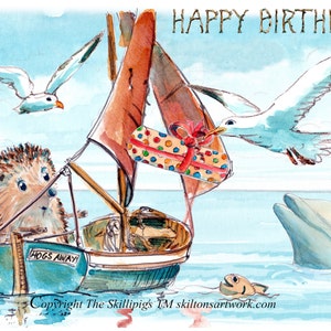2614 Tarjeta de cumpleaños con diseño de velero, erizo marinero en barco o bote a la orilla del mar con delfín y gaviota con un regalo. Se puede personalizar.