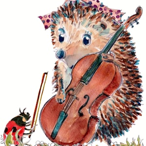 3058 HAPPY BIRTHDAY Carta suonatrice di contrabbasso, suonatrice di strumenti a corda e contrabbasso con archetto, riccio femmina con una coccinella. Può essere personalizzata
