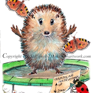 4144 Carte de joyeux anniversaire pour trampoline Un hérisson sautant sur un trampoline de jardin avec des instructions et des papillons. Peut être personnalisé.