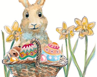 EASTER card ' Love from the Easter bunny' rabbit with basket of coloured eggs , hot cross bun and daffodils. Can be personalised NO.3632