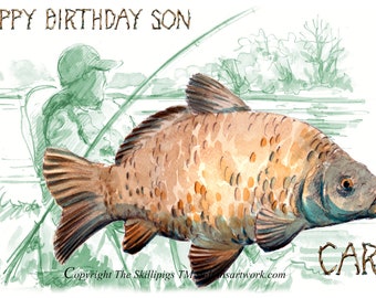 2516 Carp fishing HAPPY BIRTHDAY son son card. Angling birthday card river or lake, Can be personalised with any name instead of son.