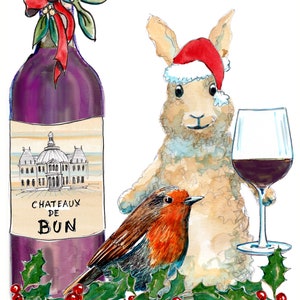 238B Biglietto di auguri di FELICE NATALE "Cin cin di Natale" Un coniglio, una bottiglia e un bicchiere di vino "chateaux de bun", un pettirosso e un agrifoglio. Può essere personalizzato.