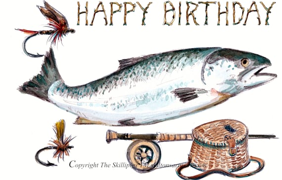 HAPPY BIRTHDAY Salmon Fishing Card. Fisherman's Fly Fishing Equipment  Anglers Bag, Rod and Reel Flies. Can Be Personalised No. 3033 -  Finland