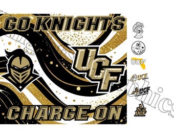 Diseño descargable para vaso de sublimación de 20 oz de los UCF Knights. Todos los logotipos deportivos de la UCF. ¡Vamos Knights Charge!