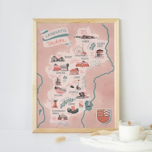 Landkreis Vechta Illustrierte Karte rosa Kunstdruck Poster Illustration Landkarte