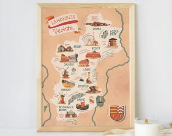 Vechta District Illustrated Map orange Art Print Poster Illustration Map