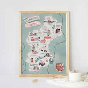 Landkreis Vechta Illustrierte Karte grün Kunstdruck Poster Illustration Landkarte