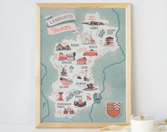 Vechta District Illustrated Map green Art Print Poster Illustration Map