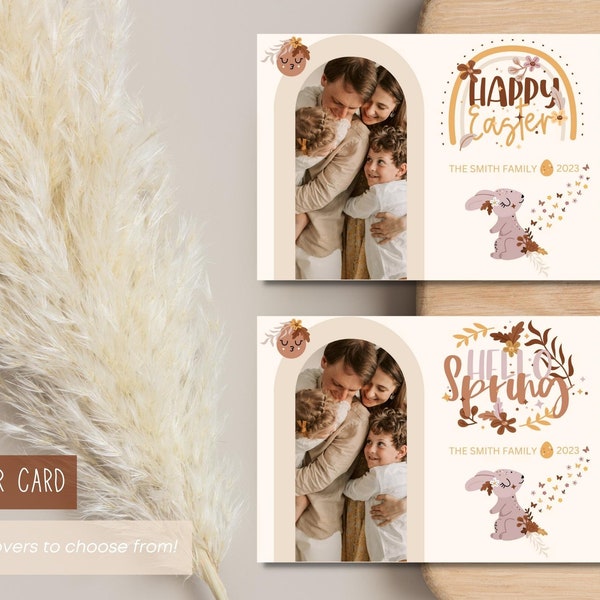 Hello Spring Card, Editable Easter Card Template, Family Photo Card, Printable Easter Photocard, Canva Template, 5x7 Landscape, Boho, Bunny