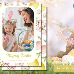 Modelo de cartão de Páscoa editável, cartão de foto de família, cartão de foto de Páscoa para impressão, modelo Canva, retrato 5x7, aquarela, ovos, flores, faça você mesmo