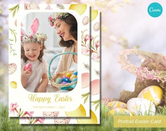Editable Easter Card Template, Family Photo Card, Printable Easter Photocard, Canva Template, 5x7 Portrait, Watercolour, Eggs, Flowers, DIY