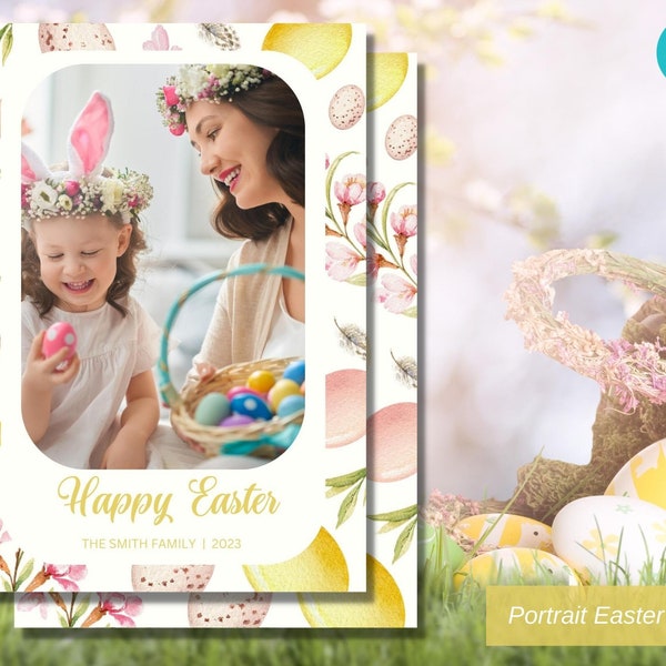 Editable Easter Card Template, Family Photo Card, Printable Easter Photocard, Canva Template, 5x7 Portrait, Watercolour, Eggs, Flowers, DIY