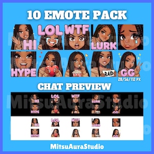Paquete de gestos "Trenzas de chica negra" / Emotes para transmisiones de Twitch y Discord (descarga digital)