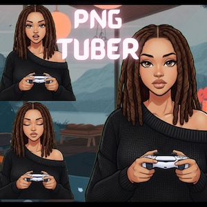 Puede incluir: Ilustración digital de una mujer con rastas marrones que lleva un suéter negro con los hombros descubiertos, sosteniendo un mando de juego blanco. La imagen incluye el texto "PNG TUBER" en blanco, con un fondo borroso de un paisaje.
