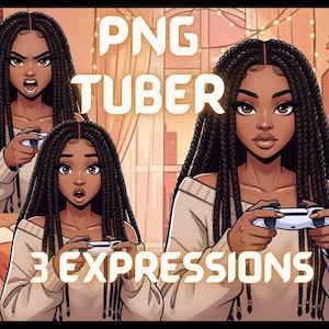 Trenzas de chica negra PNGTuber / 3 expresiones, avatar en streaming (descarga digital)